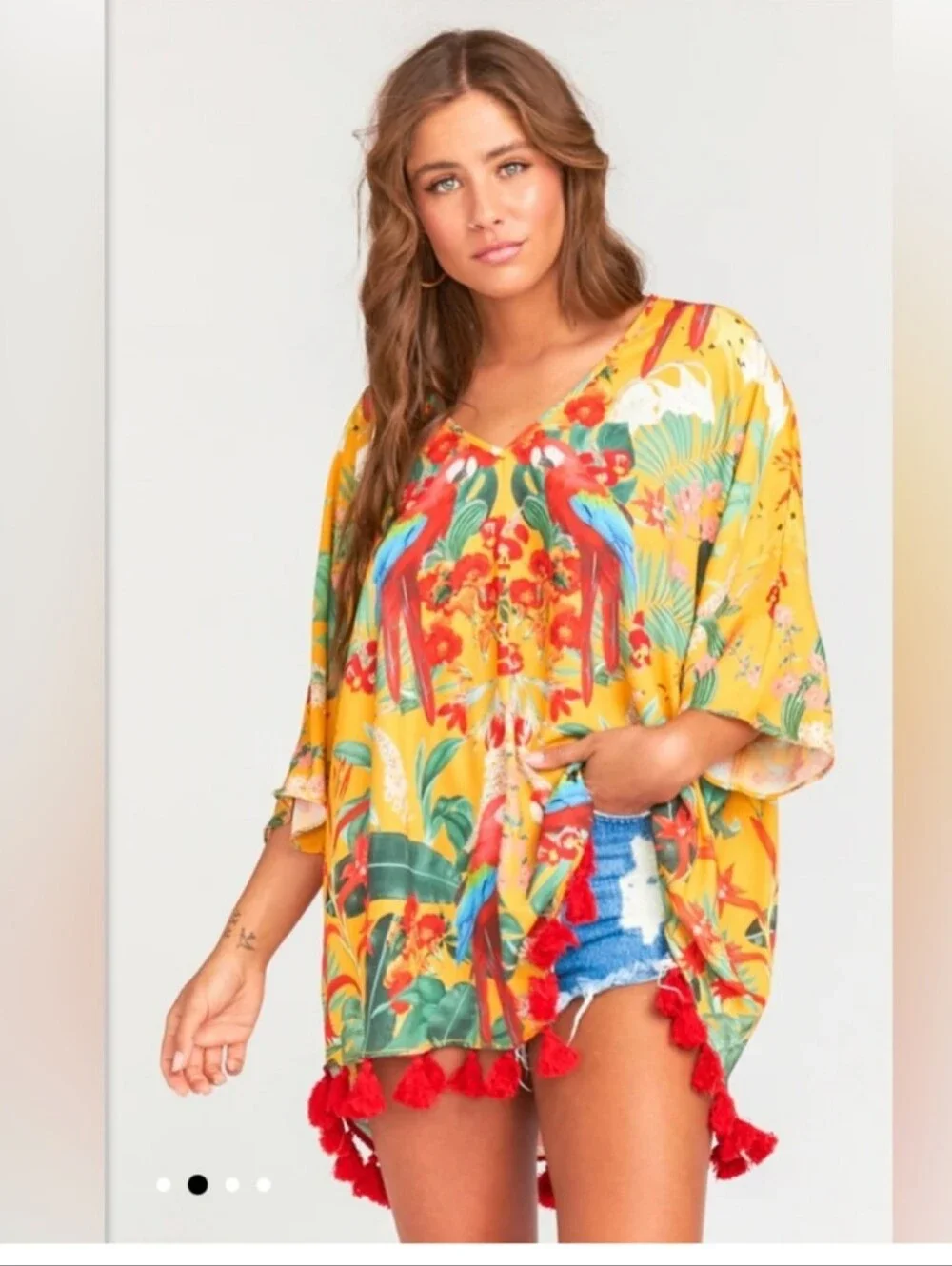 Show Me Your MuMu Yellow Parrot Swim Coverup with Red Tassels